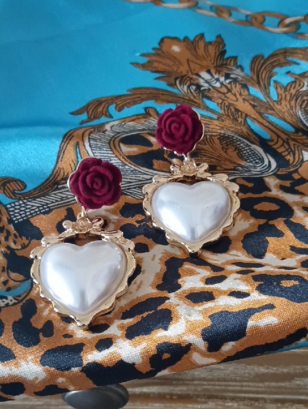 Gold-Tone Heart Drop Earrings with Burgundy Rose Studs